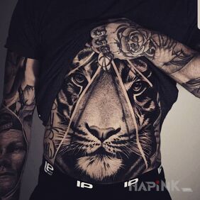 Tattoo Peaceful Tiger on the hand motif: black and gray style: realistic