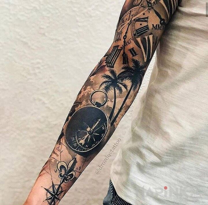 Tattoo Las palmas in sleeves motif and realistic style on the forearm
