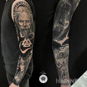 Tattoo Nordic mythology sleeve on the forearm motif: sleeves style: realistic