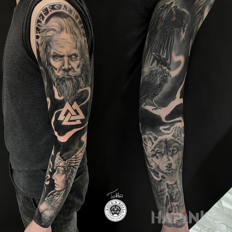 Tattoo Rękaw mitologia nordycka in faces motif and realistic style on the forearm