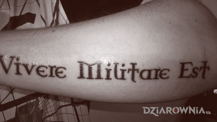 Tatuaż vivere militare est w motywie napisy na przedramieniu