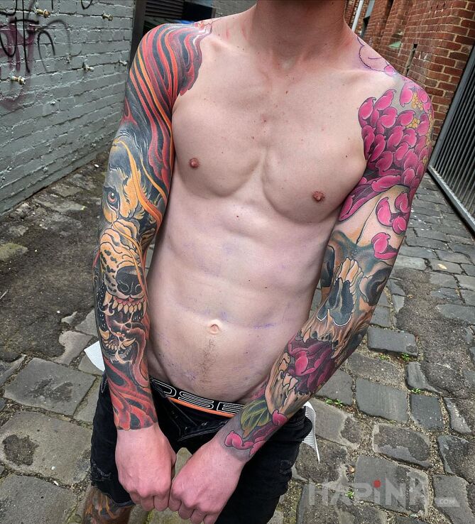 Tattoo Wilk i czacha in animals motif and neo-traditional style on the forearm
