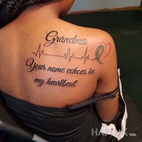 Tattoo Something about grandma on the shoulder blades motif: lettering style: calligraphy
