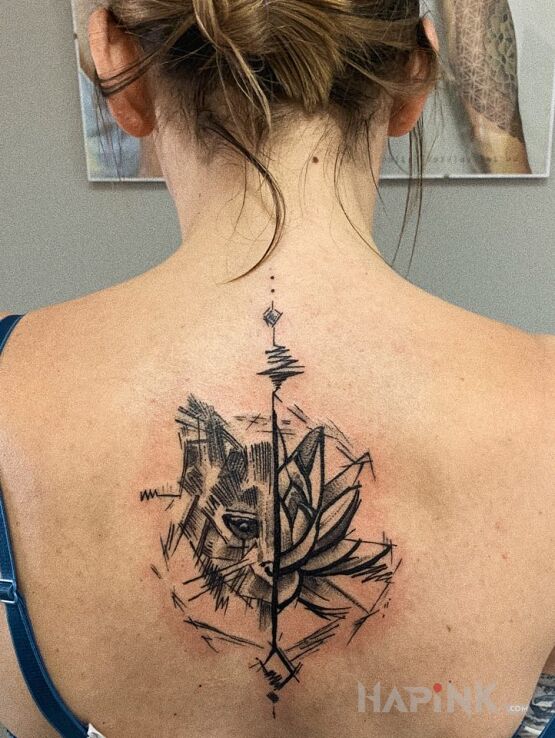 Tattoo Kotek in animals motif and sketch style on the back