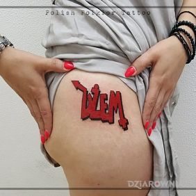 Tatuaż Dżem na nodze motyw: napisy styl: graficzne / ilustracyjne