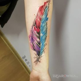 Tatuaż Piórko na przedramieniu motyw: pozostałe styl: graficzne / ilustracyjne