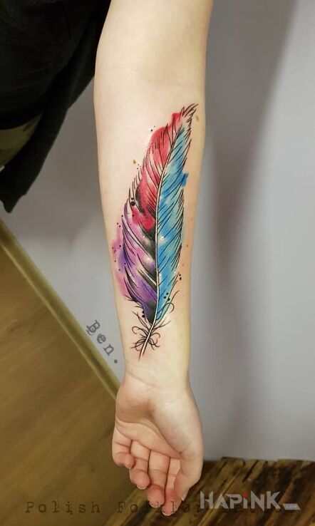 Tattoo Piórko in colorful motif and graphic / illustrative style on the forearm