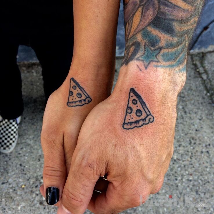 Tattoo Pizza lovers in Love motif and minimalistic style on the hand