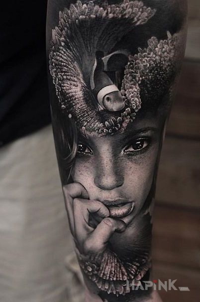 Tattoo Gdzie jest nemo? ;) in faces motif and realistic style on the forearm
