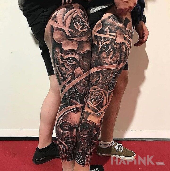 Tattoo Dwa tygrysy in 3D motif and realistic style on the leg