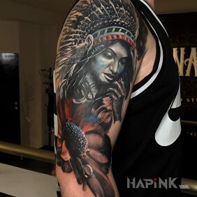 Tattoo Cover on the upper arm motif: Indian style: realistic