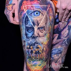 Tattoo Color explosion on the leg motif: 3D style: surrealistic