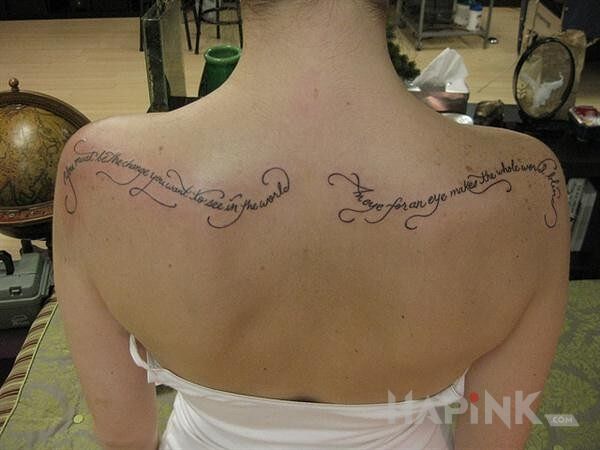 Tattoo You must be the change you want to see in the world in lettering motif on the back