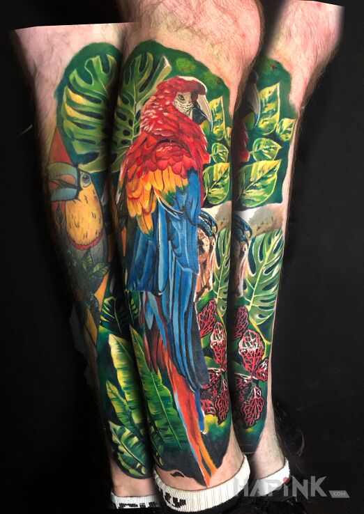 Tattoo Captain jack - papuga in flowers motif and realistic style on the calf