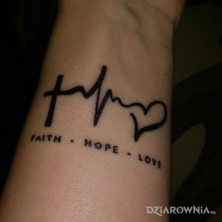 Tatuaż faith hope love - wiara nadzieje miłość w motywie czarno-szare i stylu minimalistyczne na nadgarstku