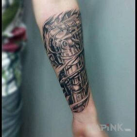 Tattoo Biomechanical on the forearm motif: 3D style: biomechanics