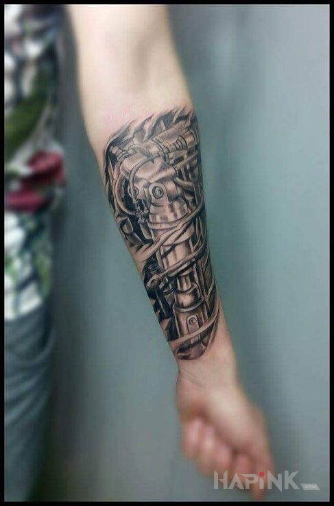 Tattoo Biomechanical in 3D motif and biomechanics style on the forearm