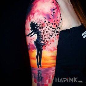 Tattoo The girl and the birds on the upper arm motif: characters style: surrealistic