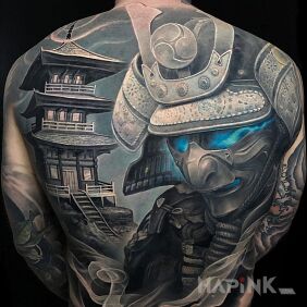Tattoo Samurai on the shoulder blades motif: characters style: realistic