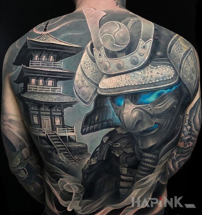 Tattoo Samuraj in 3D motif and realistic style on the shoulder blades