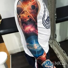 Tattoo Space sleeve on the upper arm motif: cosmos style: realistic