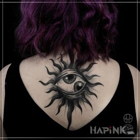 Tattoo What are you looking at? on the back motif: other style: graphic / illustrative