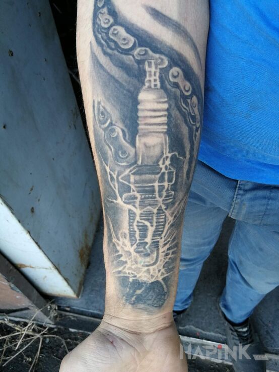 Tattoo Moto is my life in black and gray motif and realistic style on the forearm