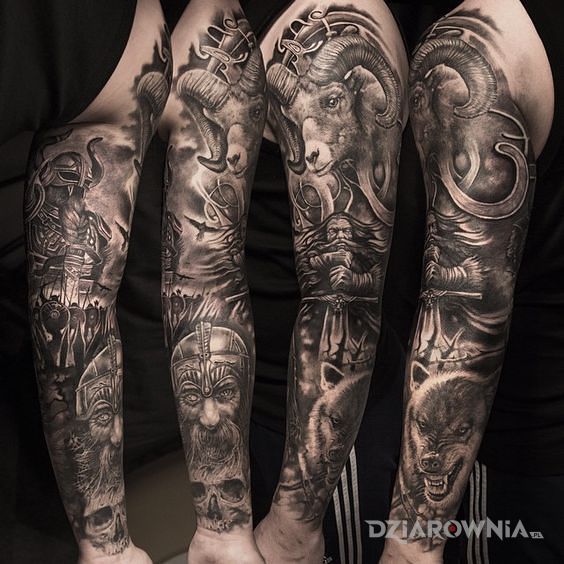 Tatuaż nordyccy wojownicy w motywie 3D i stylu realistyczne na przedramieniu