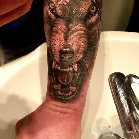 Tattoo Wolf, time on the forearm motif: animals style: realistic