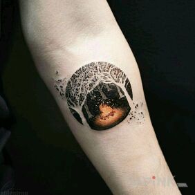 Tattoo Campfire in the forest on the forearm motif: colorful style: graphic / illustrative