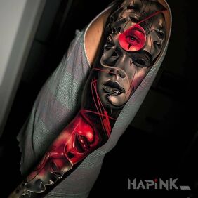 Tattoo The faces themselves on the upper arm motif: 3D style: surrealistic
