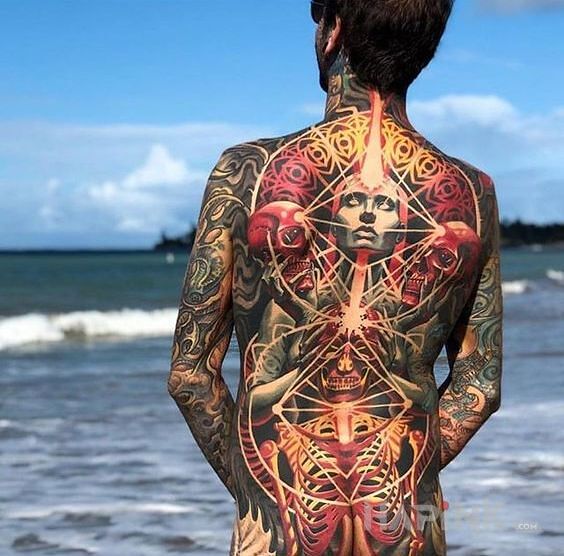 Tattoo Wyższy stan świadomości in faces motif and realistic style on the shoulder blades