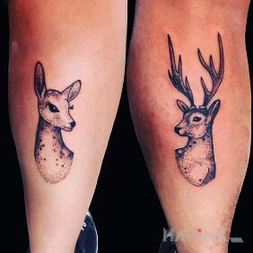 Tattoo Doe and deer on the calf motif: 3D style: graphic / illustrative