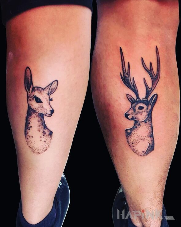 Tattoo Łania i jeleń in animals motif and graphic / illustrative style on the calf