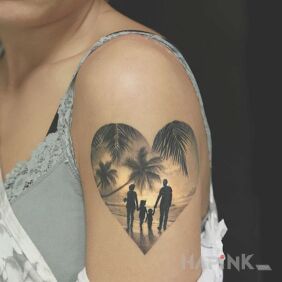 Tattoo Family under the palm trees on the upper arm motif: black and gray style: realistic
