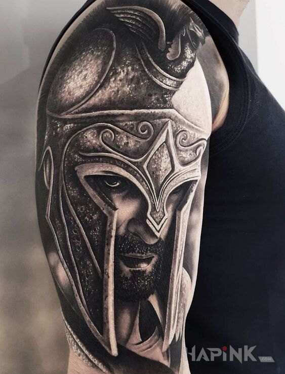Tattoo Głowa wojownika in 3D motif and realistic style on the upper arm