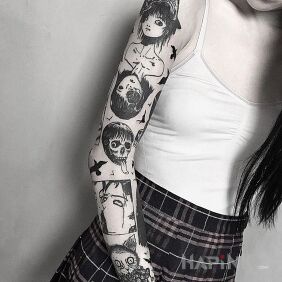 Tattoo Unusual sleeve on the forearm motif: black and gray style: graphic / illustrative