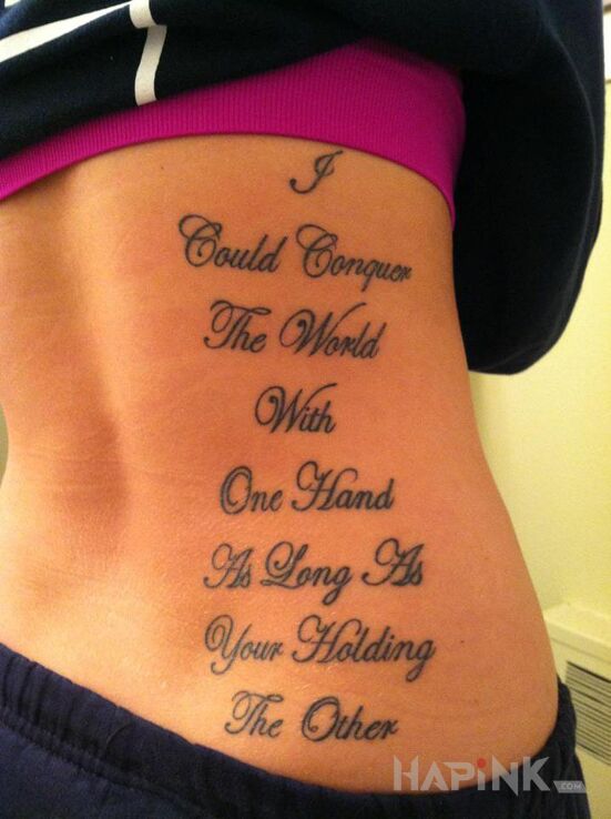 Tattoo W parze to zawsze raźniej in lettering motif and calligraphy style on the ribs