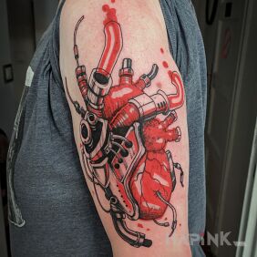 Tattoo Mechanical Heart / Cyberpunk on the upper arm motif: anatomical style: graphic / illustrative