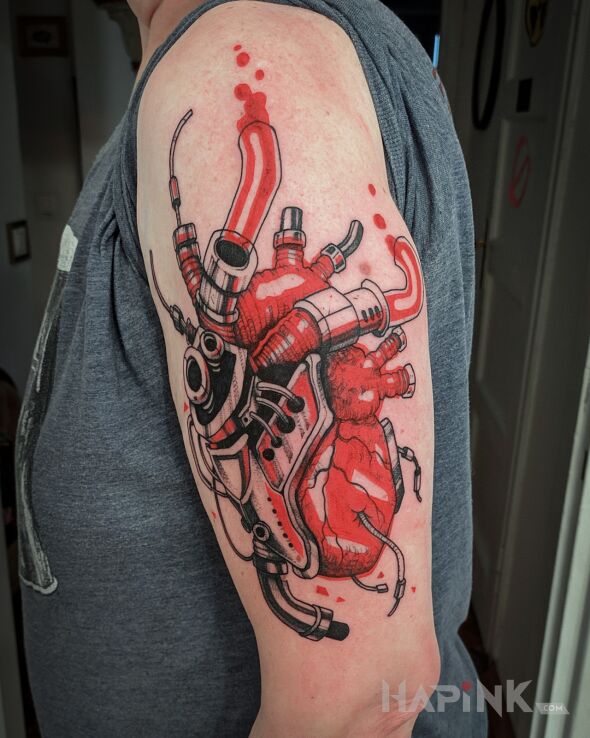 Tattoo Mechaniczne serce / Cyberpunk in colorful motif and graphic / illustrative style on the upper arm