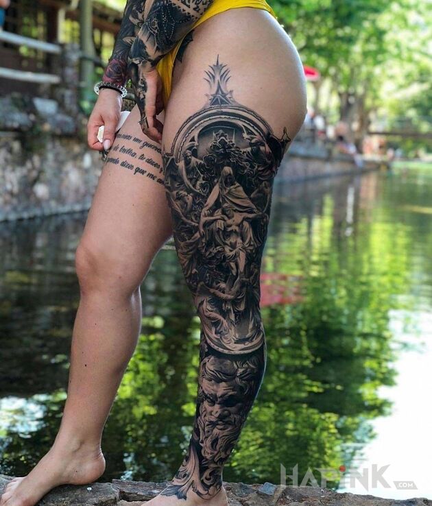 Tattoo Ładna noga :) in black and gray motif and realistic style on the leg