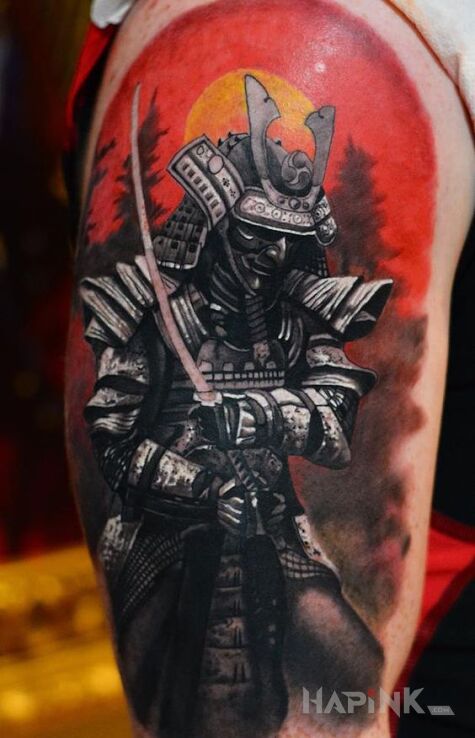 Tattoo Ronin in colorful motif and japanese / irezumi style on the upper arm