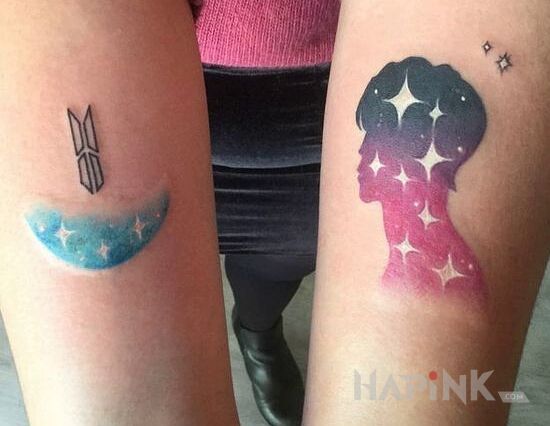 Tattoo Love in colorful motif and graphic / illustrative style on the forearm