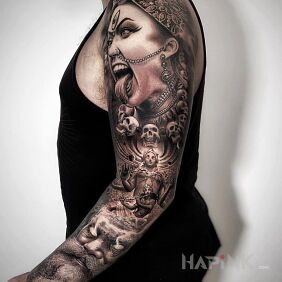 Tattoo Hindu goddess of death on the forearm motif: black and gray style: realistic