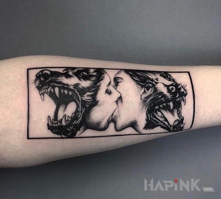 Tattoo Pocałunek in animals motif and graphic / illustrative style on the forearm