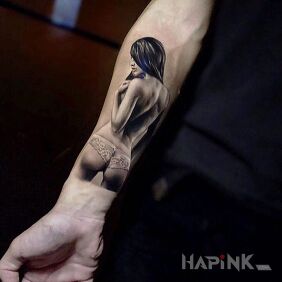 Tattoo Act on the forearm motif: characters style: realistic