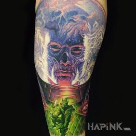 Tattoo Comic theme on the forearm motif: characters