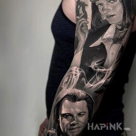 Tattoo Pulp fiction on the upper arm motif: sleeves style: realistic