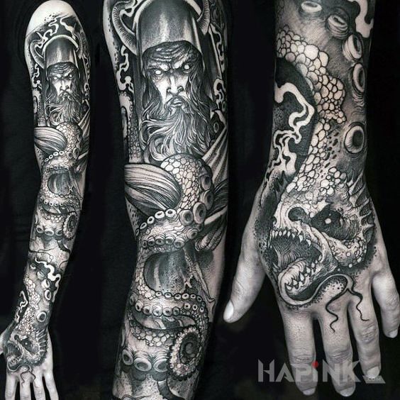 Tattoo Morska bestia in black and gray motif and graphic / illustrative style on the hand