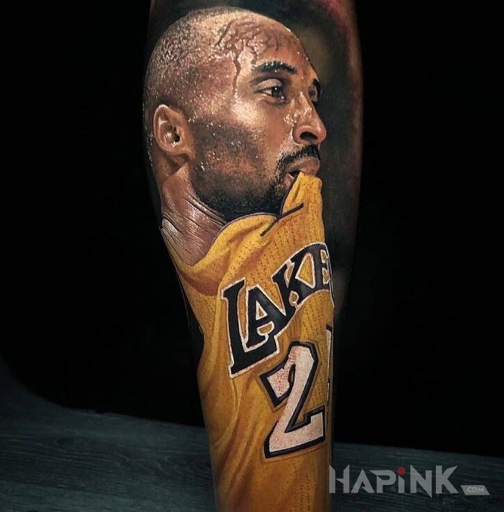 Tattoo Kobe bryant in faces motif and realistic style on the calf